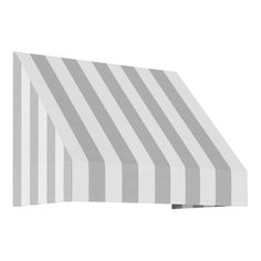 a gray and white striped awning on a white background with the top half closed