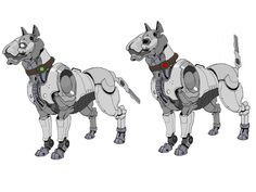 three different views of a robot dog standing next to each other