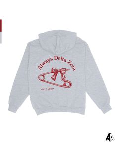 a gray sweatshirt with a red bow on the front and white lettering that says always delta tea