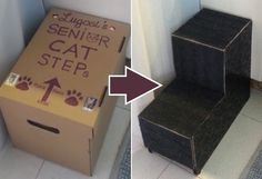 two pictures side by side one has a cardboard box and the other has a cat step