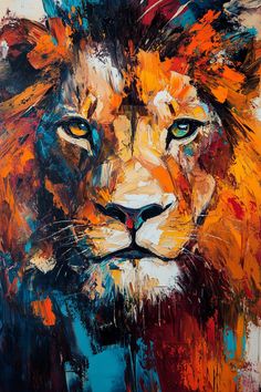 an abstract painting of a lion's face with blue eyes and orange manes