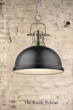 the rustic pelican pendant light is shown in an antique brass and black finish