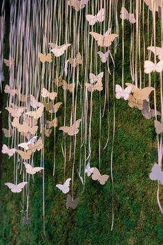 a moss covered wall with white butterflies hanging from it's sides and streamers in the air