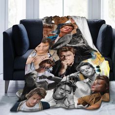 a blanket with the image of actors on it in front of a blue chair and window