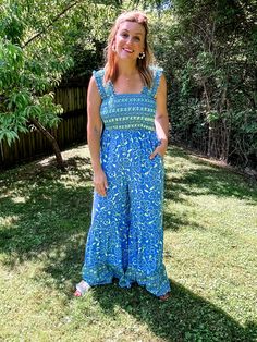 Make a statement with our must-have Green and Blue Floral Jumpsuit! The bold, fun mixed patterns will add a unique touch to your wardrobe. Stay cool with the smocked bodice and beat the heat in style with the ruffle straps. Don't miss out on this one-of-a-kind piece! Fit is true to size. Emily is 5'8" wearing a medium. Small (0-4) Medium (6-8) Large (10-12) Blue Floral Jumpsuit, Mixed Patterns, Dress Layer, Floral Jumpsuit, Beat The Heat, Pattern Mixing, Green And Blue, Be Bold, Stay Cool