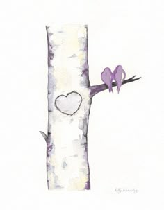 a watercolor painting of two birds on a tree with heart shaped holes in the bark