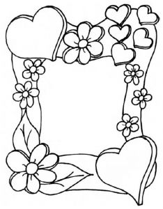 a heart shaped frame with flowers and hearts on it, outlined in black and white