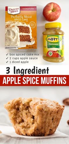 an apple spice muffin is shown with the words easy 3 ingredient apple spice muffins