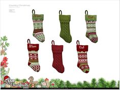 six christmas stockings hanging from the ceiling and decorated with red, green and white knits