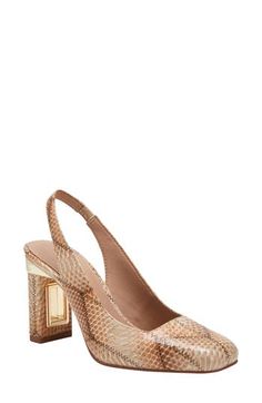 A sculpted block heel with a metallic-framed geometric cutout amplifies the standout style of a square-toe pump secured by a stretchy slingback strap. 3 1/4" heel Synthetic or textile upper/synthetic lining and sole Imported Gold Slingback Pumps With Block Heel For Spring, Gold Leather Slingback Pumps With Block Heel, The Hollow, Chunky Block Heels, Womens Shoes High Heels, Sling Back, Boots And Sneakers, Slingback Pump, Katy Perry