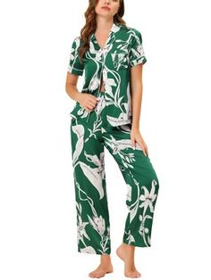 Cheibear Womens Pajama Loungewear Silk Short Sleeves With Pants Floral Pjs Set Green Large : Target Comfortable Green Pajama Party Sets, Comfortable Green Sets For Pajama Party, Comfortable Green Sleepwear For Home, Green Comfortable Sets With Relaxed Fit, Green Comfortable Relaxed Fit Sets, Green Relaxed Fit Comfortable Sets, Comfortable Green Sleepwear With Short Sleeves, Comfortable Green Short Sleeve Sleepwear, Green Short Sleeve Sleepwear For Spring