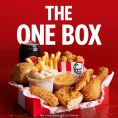 the one box is full of chicken, fries and dips