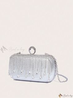 Bird in Bag - 2024 Elegantly Embellished Womens Fringe Evening Bag - Ideal Complement for Wedding or Formal Attire, Exquisite Clutch Purse with Diamond Detailing, Versatile as Handheld, Wristlet or Crossbody Bag - Offered in Silver or White (Diamond) Color Glamorous Handheld Clutch For Wedding, Formal Sparkling Clutch, Elegant Sparkling Clutch Evening Bag, Silver Sparkling Clutch For Gift, Luxury Sparkling Clutch For Weddings, Glamorous Sparkling Clutch For Weddings, Formal Silver Sparkling Clutch, Silver Pouch Clutch For Formal Occasions, Silver Sparkling Clutch For Events