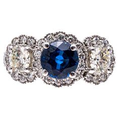 Antique Sapphire Engagement Rings, Antique Engagement Rings Sapphire, Sapphire Engagement Rings, White Gold Sapphire, Three Stone Ring, Ring Ideas, Three Stone Rings, Sapphire Engagement, Diamond Halo