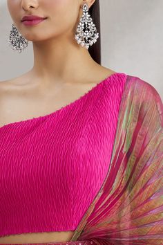 Hot pink draped saree in pleated satin with organza palla. Paired with one shoulder blouse and embroidered belt with tassels.
Component: 3
Pattern: Plain
Neckline: One Shoulder
Fabric: Pleated Satin, Organza
Color: Pink
Other Details: 
Textured saree
Tassel belt
Occasion: Destination Wedding - Aza Fashions Festive Party Pre-draped Silk Chiffon Saree, Festive Party Silk Chiffon Pre-draped Saree, Silk Pre-draped Saree With Dupatta For Party, Festive Silk Chiffon Saree For Party, Silk Chiffon Pre-draped Saree For Party, Party Tissue Silk Blouse Piece In Pink, Silk Anarkali Blouse Piece For Evening, Silk Anarkali Blouse For Evening, Party Silk Chiffon Saree With Traditional Drape