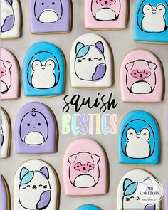 some cookies with different designs on them and the words squish besties in front of them