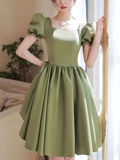 Cute Short Dresses With Sleeves, A Line Green Dress, Knee Length Prom Dresses With Sleeves, Prom Dresses Green Short, Cute Green Dresses Short, Satin Cloth Dress Designs, Short Green Dress Aesthetic, Simple Dress To Sew, Satin Dresses Aesthetic