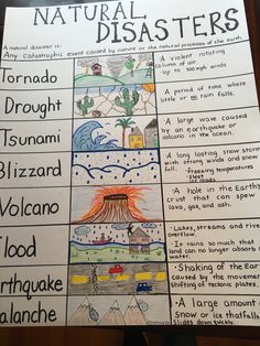 a poster with words and pictures on it that say natural disasteres in different languages