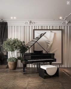 a grand piano sits in the corner of a room with striped walls and flooring