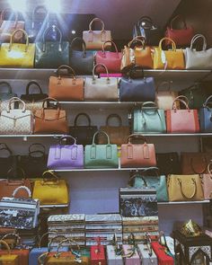 many different colored purses on display in a store