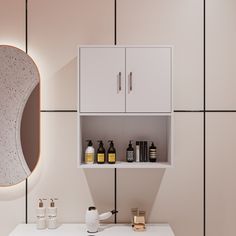 a bathroom with a sink, cabinet and mirror