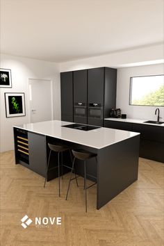 an image of a modern kitchen setting with black cabinets