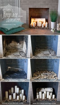 the fireplace is filled with candles and rocks for decoration or as well as other decorations