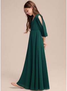 [US$ 64] A-line V-Neck Floor-Length Chiffon Junior Bridesmaid Dress With Pleated  - JJ's House Bridesmaid Dresses Fall, Forest Green Bridesmaid Dresses, Green Flower Girl Dresses, Old Wedding Dresses, Long Sleeve Bridesmaid Dress, Girls Bridesmaid Dresses, Long Green Dress, Fall Bridesmaid Dresses, Ball Gowns Princess