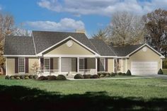 this is an artist's rendering of a ranch style house with two car garages