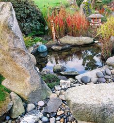 a pond surrounded by rocks and plants in a garden