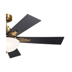 a ceiling fan with two black blades and a white light on the top of it