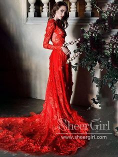 Long Sleeves Sheath Lace Prom Dress Red Wedding Dress with Chapel Train ARD2661-SheerGirl Red Wedding Gowns, Prom Dress Red, Wedding Dresses A Line, Red Wedding Dress, Mermaid Prom Dresses Lace, Stunning Bridesmaid Dresses, Gothic Wedding Dress, Wedding Dress Guide, Red Wedding Dresses