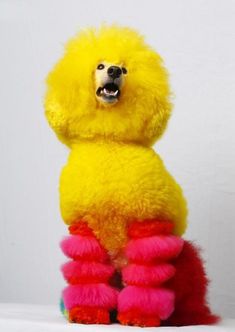 a yellow stuffed animal with pink and red boots