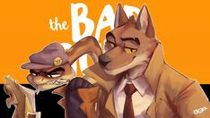 an animal with a hat and tie next to another animal wearing a suit, standing in front of a sign that says the bad news