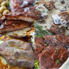 four different pictures of steaks and mushrooms on top of each other in various stages of cooking