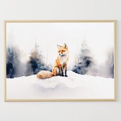 a watercolor painting of a fox sitting on top of a snow covered hill with trees in the background