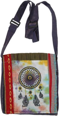 A colorful small messenger bag with a classic dreamcatcher print in woven cotton fabric. This Bohemian bag dons a colorful tie-dyed front on which the dreamcatcher is printed along with very fine details on woven cotton fabric stripes. #tlb #Pocket #vacationclothing #Printed #TieDye #bohemianfashion #Bohemianbag #Messengerbag #Dreamcatcherbag Multicolor Bohemian Fabric Shoulder Bag, Bohemian Multicolor Fabric Shoulder Bag, Bohemian Multicolor Fabric Bag, Hippie Multicolor Cotton Bags, Multicolor Cotton Shoulder Bag For Festivals, Dream Catcher Print, Bohemian Bag, Bag Pocket, Small Messenger Bag