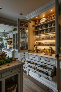 an open kitchen with lots of shelves and drawers in the center, filled with food