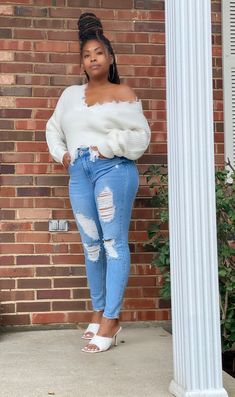 Our favorite sweater has so much to offer. This v-neck top has distressed details that are handpicked. It has a soft feel with the right amount of thickness. We love to wear it over or off the shoulder. Slightly cropped, we choose quality over anything so it fits just right. 100% Acrylic Plus Size Distressed Jeans Outfit, White Sweater Plus Size, Chunky Plus Sized Sweater, Plus Size Slouchy Sweater, Plus Size Distressed Sweater, Frontal Hairstyles, Favorite Sweater, White Sweaters, V Neck Tops