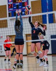 the volleyball players are trying to hit the ball