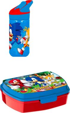 a blue and red lunch box with sonic the hedgehog on it next to a plastic water bottle