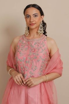 Pink corset blouse with dori and colored thread embroidery in floral motifs. Paired with plain sharara and scallop border dupatta. - Aza Fashions Plain Sharara, Floral Sharara, Scallop Border, Corset Blouse, Pink Corset, Sharara Set, Thread Embroidery, Floral Motifs, Set For Women