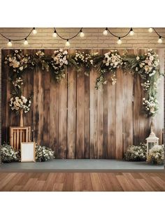 a wooden wall decorated with flowers and lights