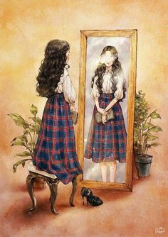 a painting of a girl looking at herself in the mirror