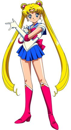 sailor girl with long blonde hair and pink boots is standing in front of the camera