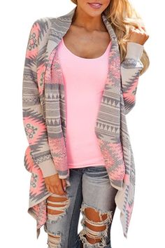 Casual Geometric Print Long Sleeve Asymmetric Cardigan For Women Country Clothes Women, Walmart Fall Outfits, Country Clothes, Knit Poncho Sweater, Women Long Cardigan, Look Rose, Gilet Long, Long Sleeve Knitted Cardigan, Outwear Jackets