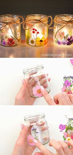 three different images of flowers in mason jars with string and lights on the top one