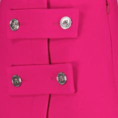 • Short cut
 • Solid color
 • Hidden side zipper
 • La Medusa silver-finish button details Luxury Pink Mini Skirt For Summer, Luxury Fitted Mini Skirt With Zipper Closure, Versace Mini Skirt, Versace Pink Mini Dress, Luxury Red Mini Skirt, Versace Pink, Modern Woman, Versace, Burberry