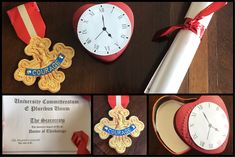 three different pictures of medals, one with a ribbon and the other with a clock