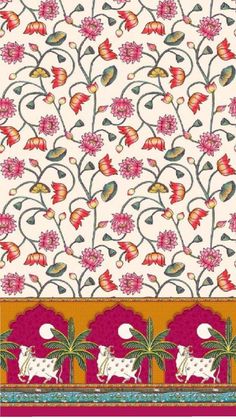 an intricately designed wallpaper with flowers and leaves on white, pink, yellow and orange